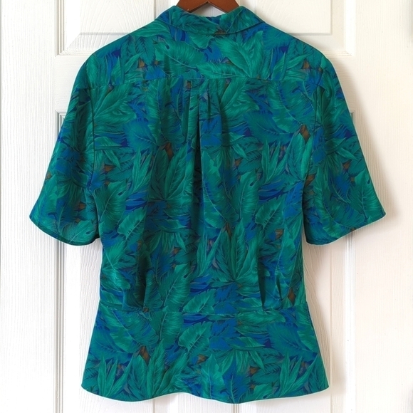 Leslie Fay 80's Vintage Banana Leaf Silky Short Sleeve Button Down Peplum Blouse - Picture 10 of 11